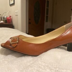 Ralph Lauren Brown Leather Kitten Heels with Gold Buckle